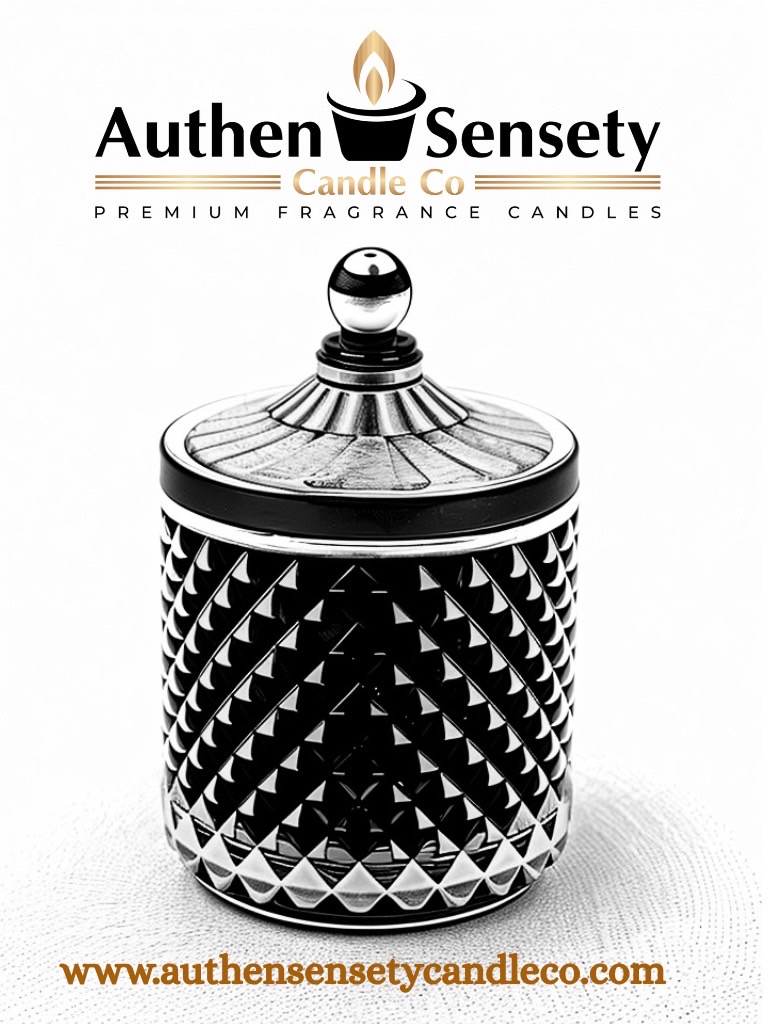 AuthenSensety faceted black signature candle jar with a silver lid finial