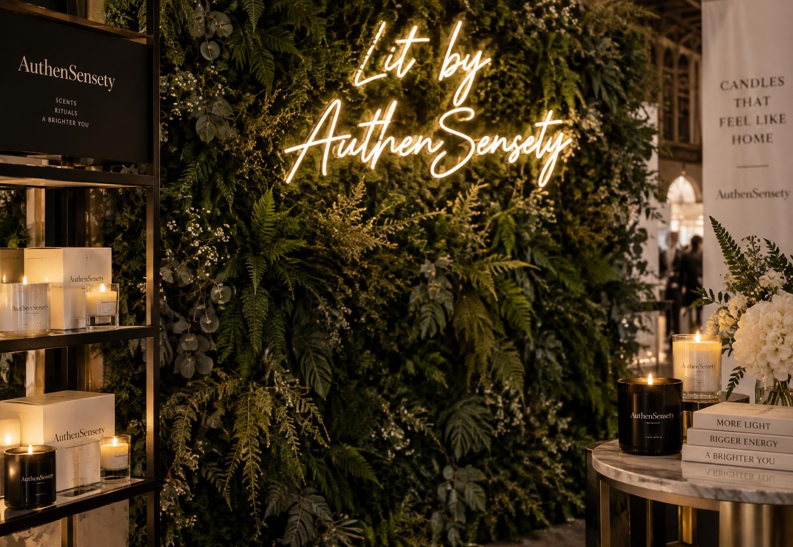Greenery photo wall with a warm-white Lit by AuthenSensety neon sign